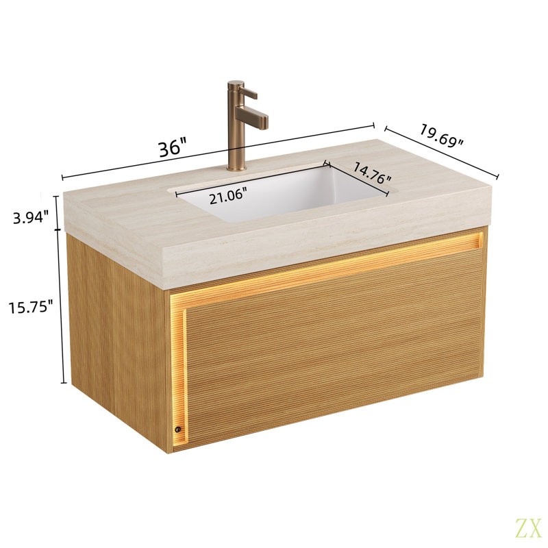 Meuble-lavabo et lavabo de salle de bain NYAH 36 po, armoire de rangement flottante en contreplaqué ultra-mince, tiroir, capteur de lumière, plateau en pierre frittée à motif de travertin et lavabo encastré en céramique, pré-assemblé