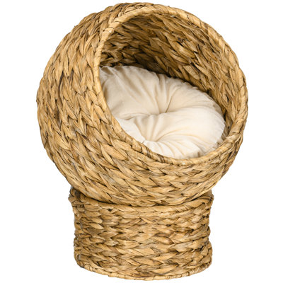 Pet Bed, 20" Natural Braided Banana Leaf Elevated Cat Bed Basket with Cushion