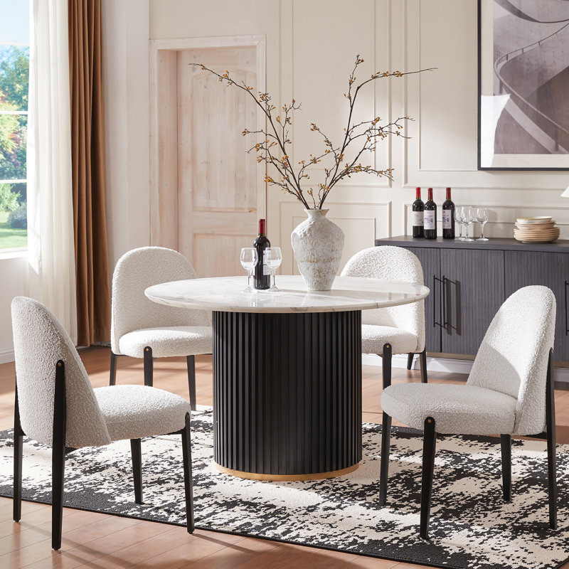 5-Pieces Pedestal Dining Set With Faux Marble Table Top, White