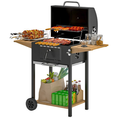 Charcoal BBQ Grill with 245 sq.in. Cooking Area, Outdoor Barbecue Grill with Adjustable Charcoal Pan, 3 Shelves, Thermometer, Wheels for Patio Backyard Party Picnic, Black,wood