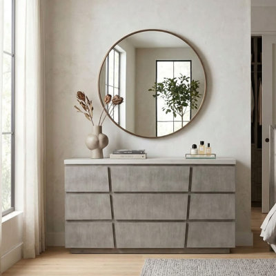 Commode Largo grise avec plateau en béton blanc et structure en acacia brossé