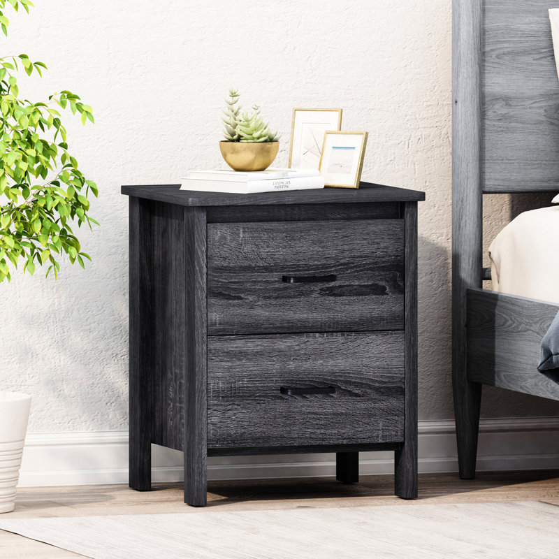 Table de chevet en simili bois gris foncé avec assemblage facile et rapide sans outil