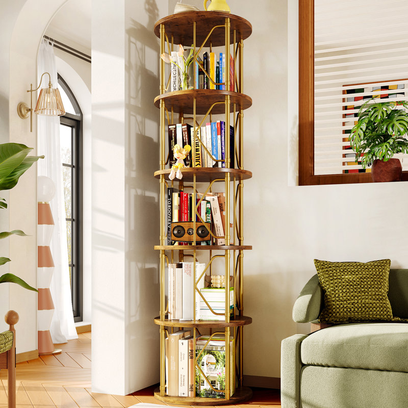 62.5" Rotating Bookcase, 360° Spinning Corner Bookshelf For Storage & Display, For Home Office And Living Room, Gold/Brown