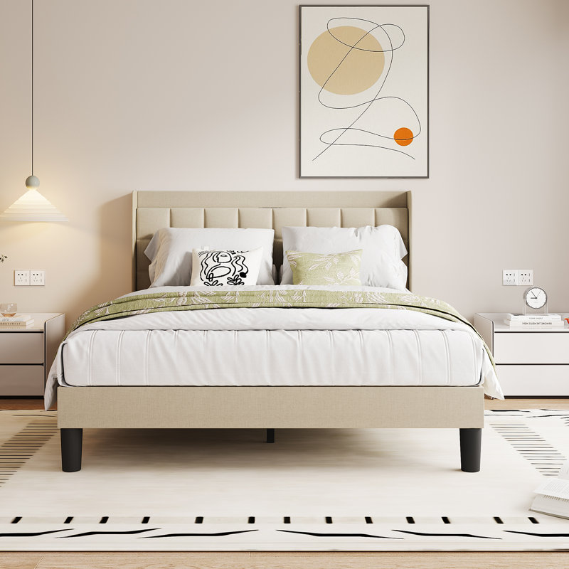 Linen fabric soft bed frame with USB charging port, Beige, Kingsize (5')