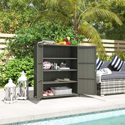 Wicker Outdoor Storage Cabinet with Shelves, 4-Shelf Outdoor Pool Towel Storage Cabinet with Two Doors, Rattan Outdoor Storage Shelves for Garden, Bac by Outsunny