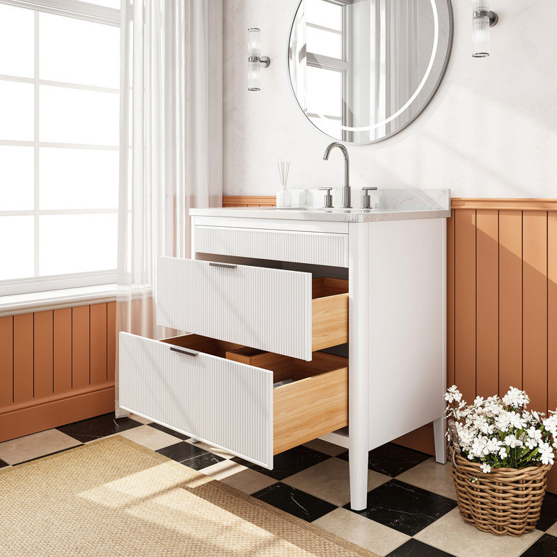 Ensemble de meuble-lavabo autoportant blanc 36 po avec 2 ensembles de poignées et un plateau en marbre d'ingénierie entièrement assemblé