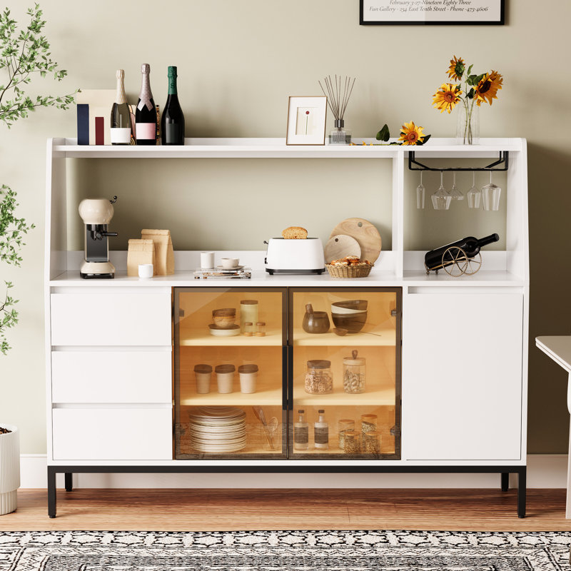 Buffet blanc avec 3 tiroirs, casier de porte en verre et porte-gobelet à vin pour la cuisine