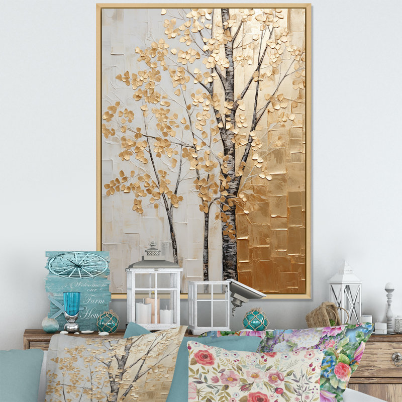 Minimalisme Golden Trees Harmony II - arbres, art mural, H 20 po x l 12 po x P 1 po, Cadre flottant érable