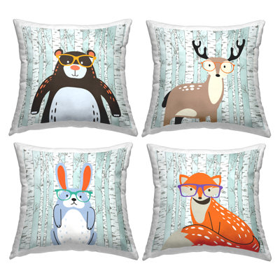 Ensemble de 4 coussins décoratifs à imprimé animaux sauvages portant des lunettes par Kim Allen