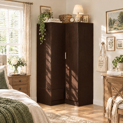 35.4'' W x 35.4'' D L-Shaped Corner Wardrobe with 2 Doors, 2 Drawers, Hanging Rods & Anti-Tip Kit