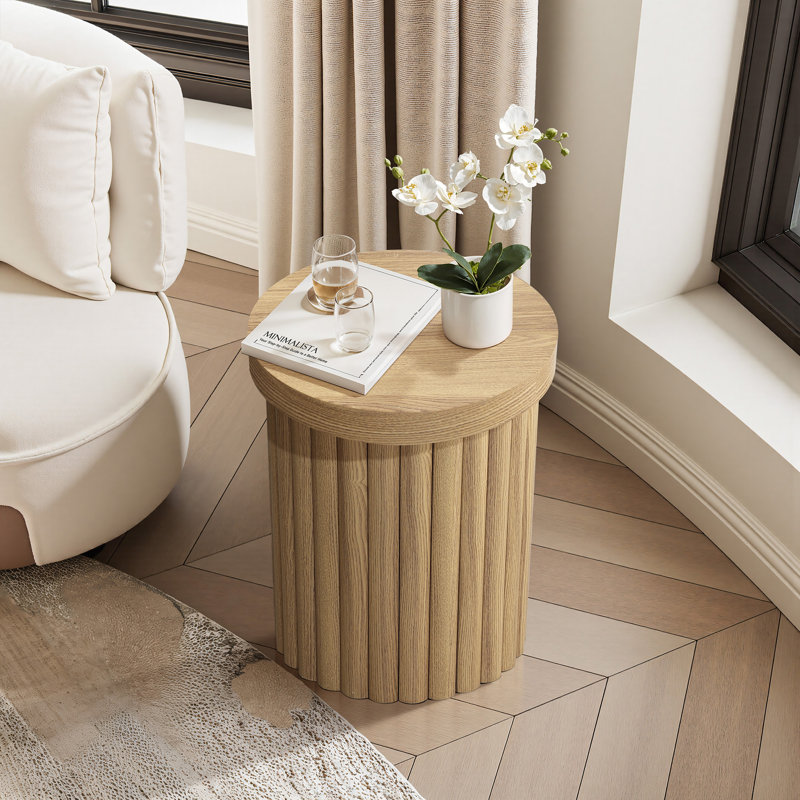 Table d'appoint ronde compacte cannelée pour le salon, naturel, Bois naturel
