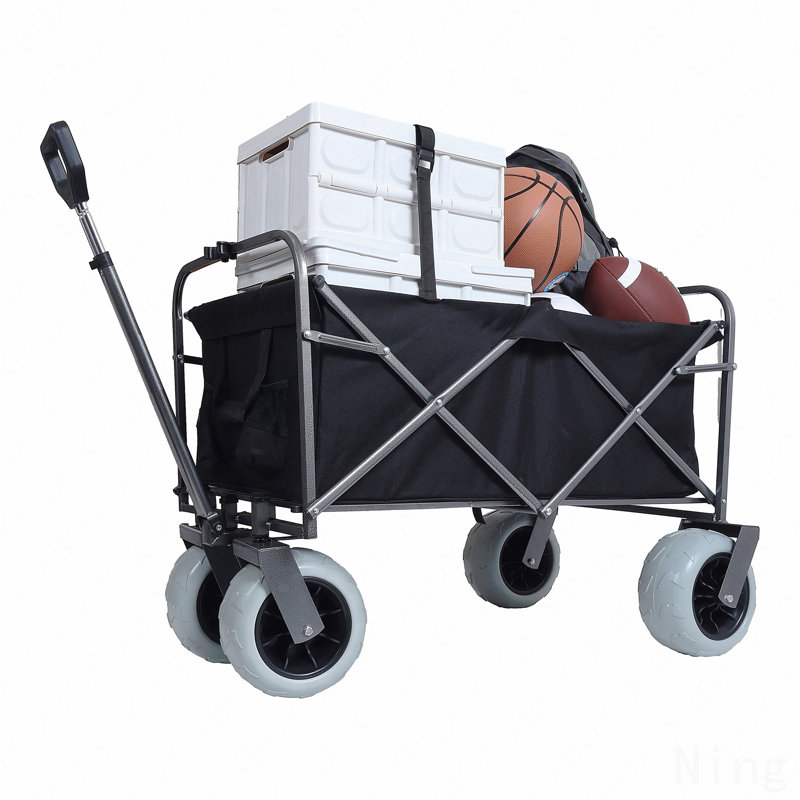 Chariot de plage avec de grandes roues pour le sable Capacité de 500 lb - Chariot tout terrain à structure en acier avec pneus pneumatiques de 9 po, conception pliable pliable, sangle avec sac multiusage, noir