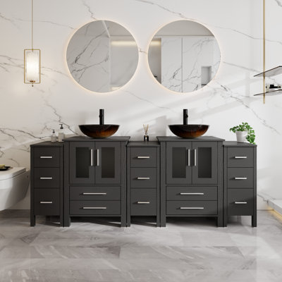 84" Freestanding Double Veseel Sink Bathroom Vanity Combo, Faucet and Pop Up Drain