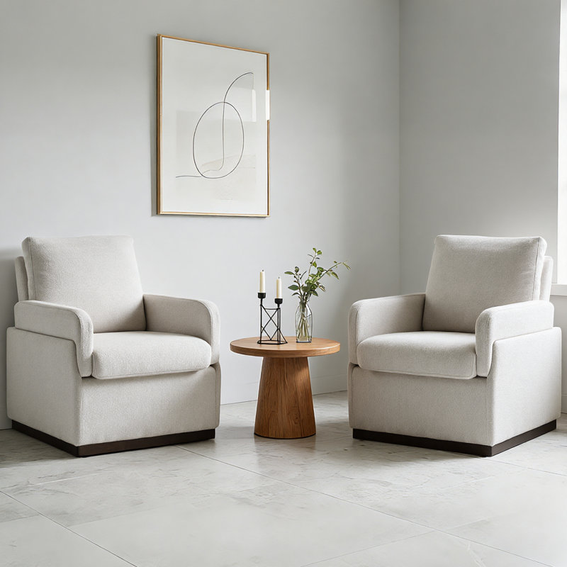 Boucle  Upholstered Accent Chair Wing Back Armchair With Solid Wood Base, Beige
