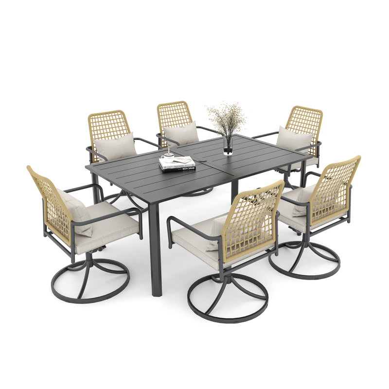 6 - Person Rectangular Outdoor Dining Set With Cushions, Beige Cushion/Black Table Top