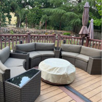 Caradog Wicker 6 - Person Patio Conversation Sets with Cushions Coffee Table and Fire Pit Latitude Run Frame Color/Cushion Color: Brown Frame/Beige C