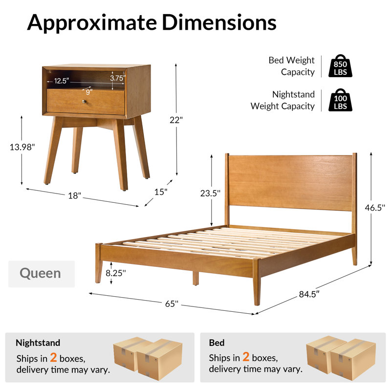 Boneva Mid-Century Modern 3-Piece Bedroom Set, Acorn, Queen