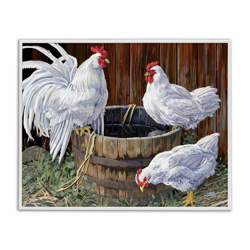 «Chatting At Watercooler Chickens», art de la giclée encadrée, design par Joseph Burgess, H 24 po x l 30 po