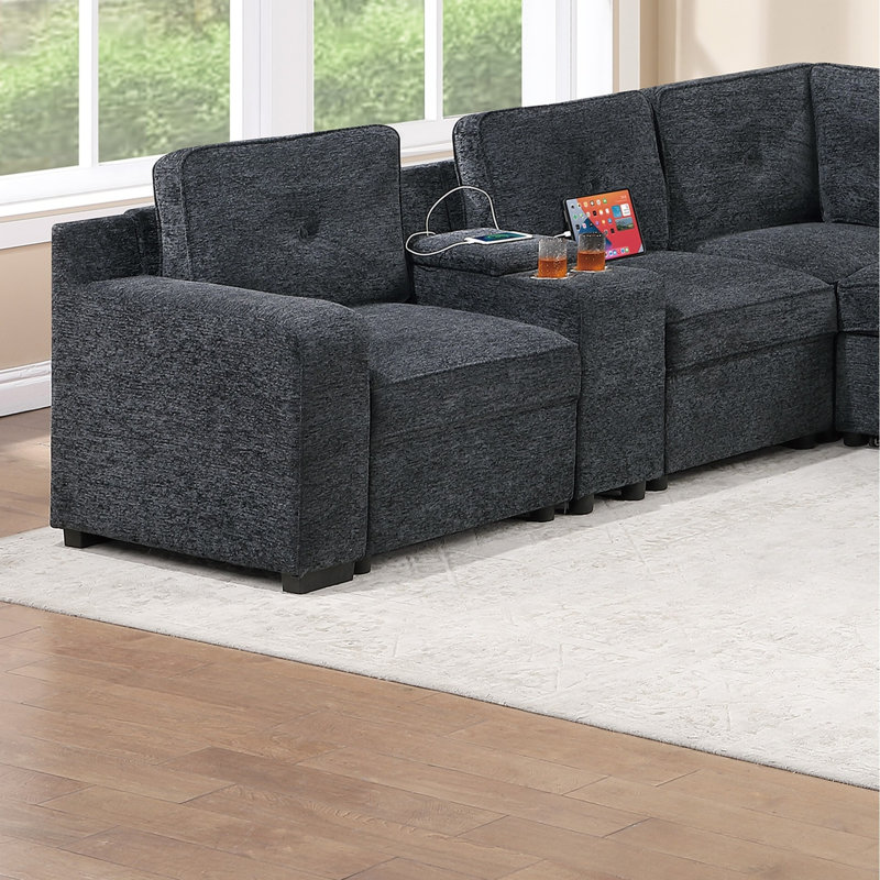Ensemble de canapé d'angle moderne 4 pièces en chenille capitonnée avec lit gigogne, rangement, méridienne, console et porte-gobelets.