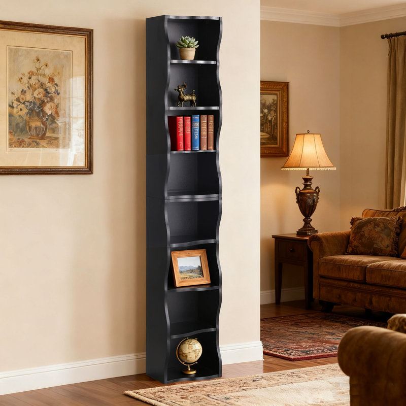 Tall Narrow Wave Edge Bookcase, Freestanding Display Shelf for Home Office, Multiple Colors, Black