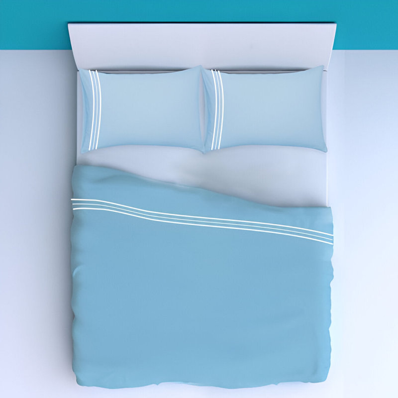 400TC Cotton Classic Luxurious Embroidery Cotton 4 Piece Sheet Set Fitted Sheet Fits Upto 16" Deep Pocket, Light Blue/White