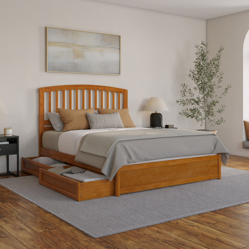 Lamari Solid Wood Storage Platform Bed with Footboard & Under Bed Drawers, Light Toffee, Queen