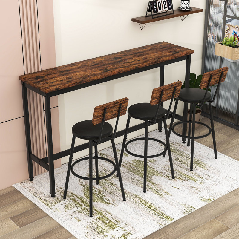 Ensemble de table de salle à manger long 4 pièces avec 3 tabourets rembourrés en polyuréthane, Brun rustique / noir