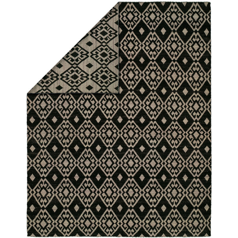 Wool Geometric Area Rug in Black/Lilac, Rectangle 5' x 8'