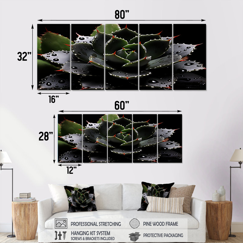 «Black Blooming Cactus» - ensemble d'art mural 5 pièces Cactus, H 28 po x l 60 po