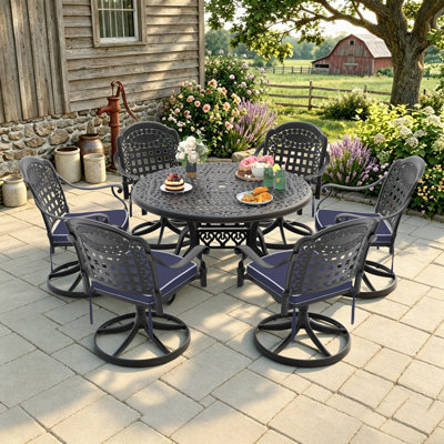 7-Piece 48.03" Round Outdoor Dining Set with Umbrella Hole, 6 Swivel Chairs with Blue Cushions