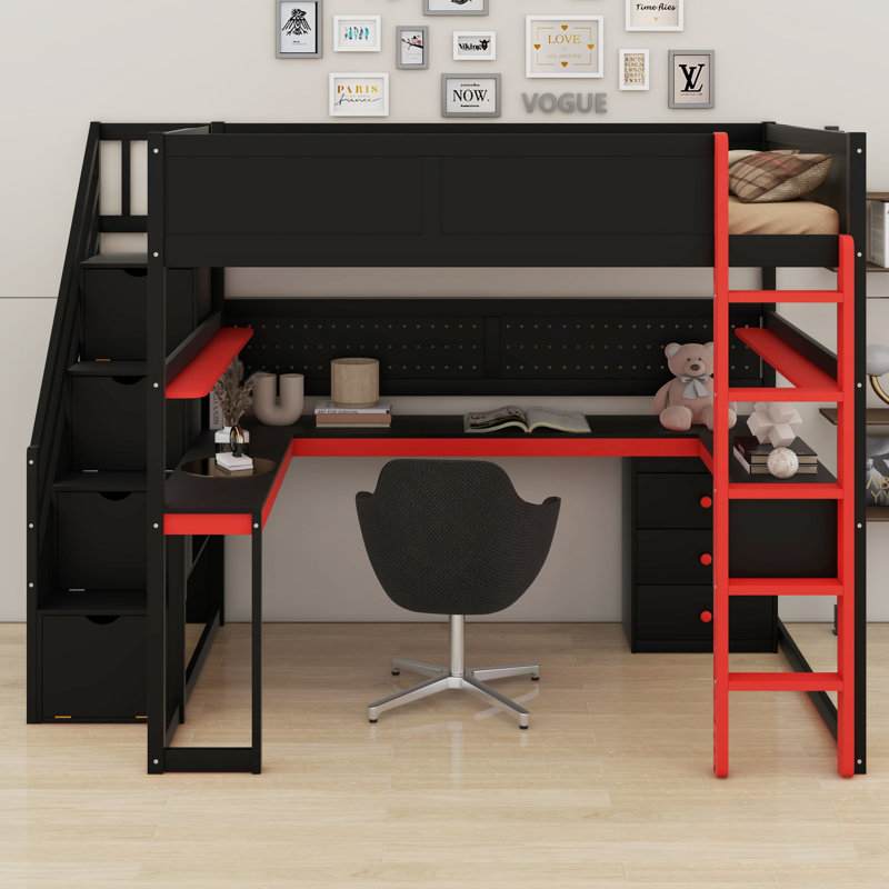 Lit mezzanine pratique - escalier de rangement, bureau intégré, tablettes et panneau perforé, Lit double, Noir / Rouge
