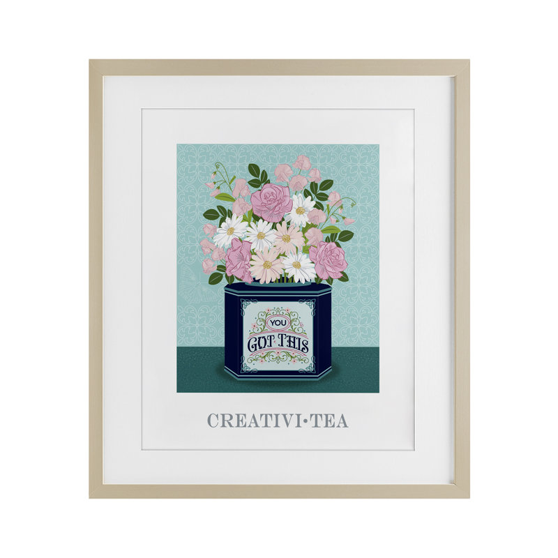 Créativi-thé avec message d'encouragement, impression encadrée sous verre, design par Lara Beeston, Cadre de récolte en pin
