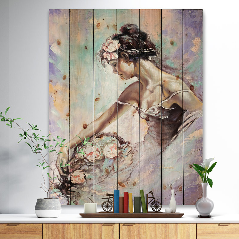 «Girl with Flower Bouquet», peinture, H 40 po x l 30 po x P 1,5 po, Bois