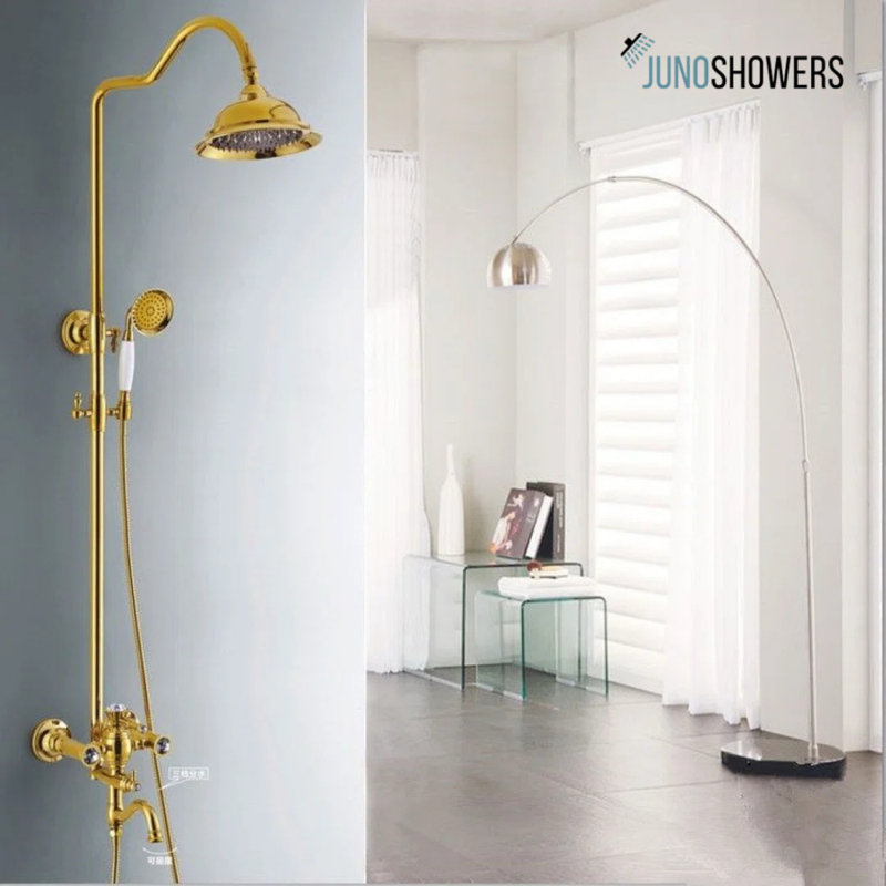 Juno Gold Polished Large Bathroom Shower with Hand-Held Shower