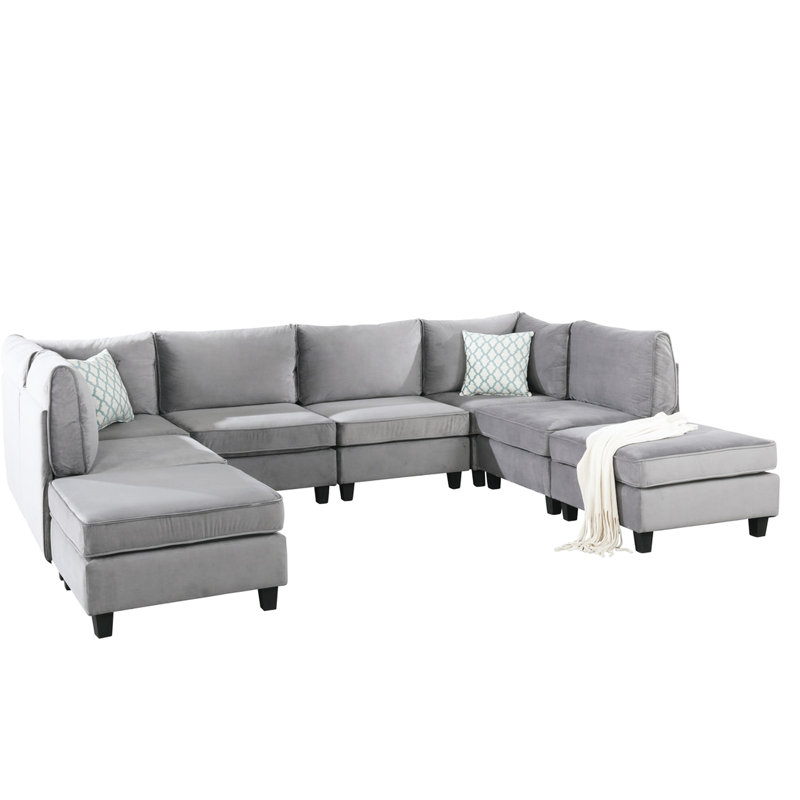 Canapé modulaire 8 pièces 8 pièces en velours gris 120 po, comprenant 2 fauteuils d'angle, 4 repose-pieds sans accoudoirs, dossier doux en tissu, élément moderne comprenant un design esthétique