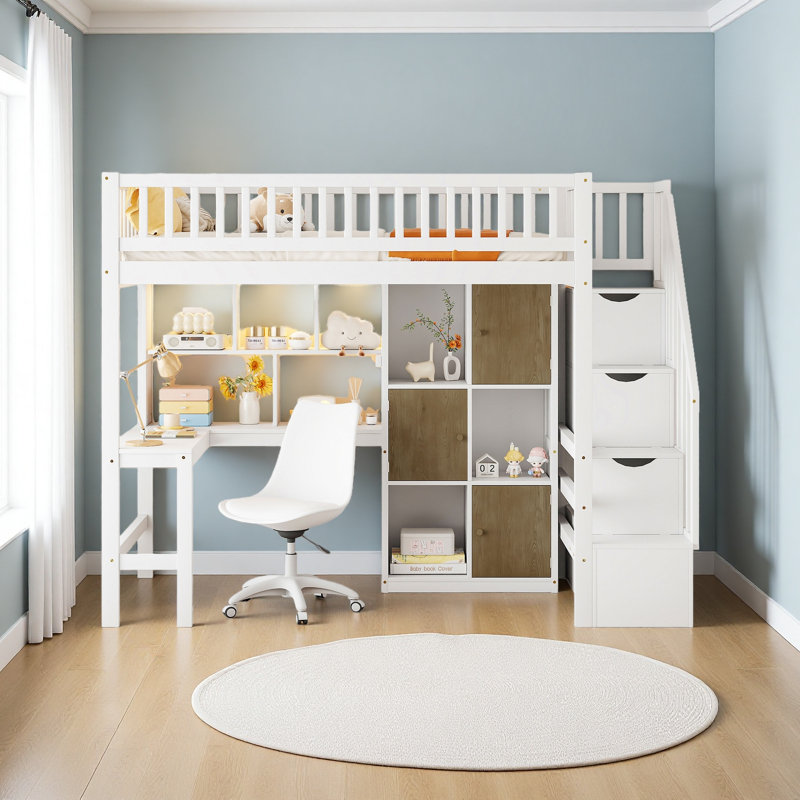 Lit mezzanine simple en bois avec bureau intégré, DEL, tablettes de rangement, armoires et escalier, Blanc