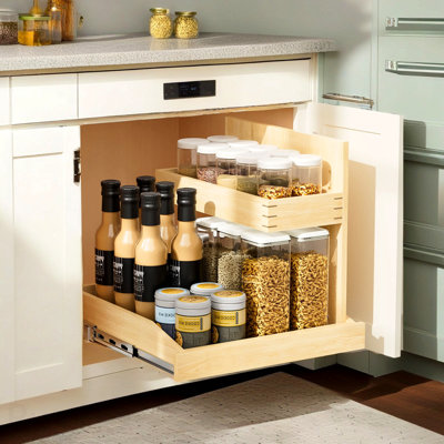 Organisateur sous évier et rangement l 22 ½ po x P 21 po, organisateur d'armoire coulissant à 2 niveaux avec fermeture en douceur, organisateur d'armoire coulissant réglable avec support en U pour la cuisine de la salle de bain (à droite)