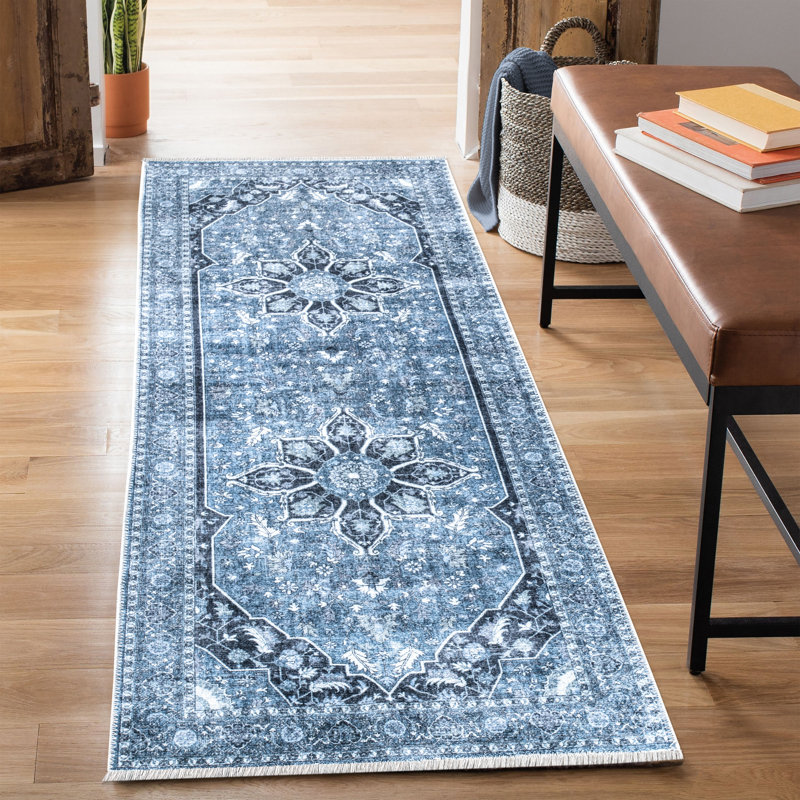 Washable Non-Slip Area Rug - Blue / Charcoal Traditional Oriental Area Rug for Living Room, Bedroom, Dining Room, and Kitchen