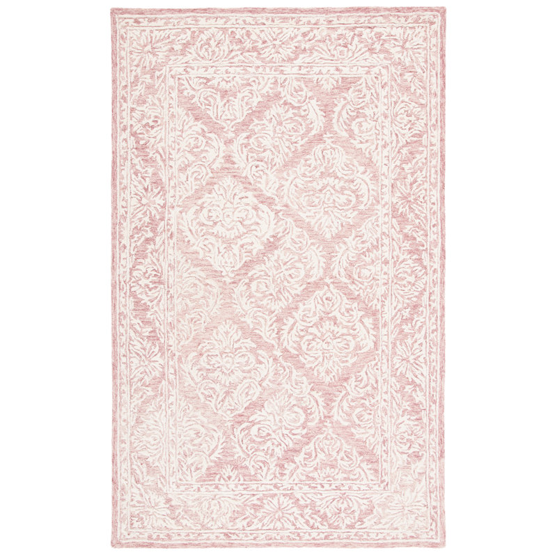 Dylanne Damask Handmade Tufted Wool Area Rug in Pink/Ivory, Rectangle 5' x 8'