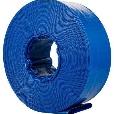 1-1/2 Inch x 105 Foot Heavy Duty PVC Fabric Lay Flat Discharge Hose, Weatherproof & Burstproof Backwash Drain Hose with Mounting Clamps, Blue Flexible Water Hose for Swimming Pool Backwashing and General Water Transfer