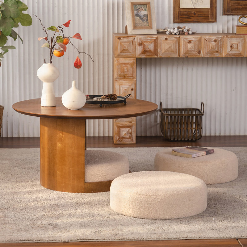 Table basse ronde en bois avec 3 tabourets gigognes en tissu, ensemble de table centrale multifonctionnel avec rangement caché pour le salon