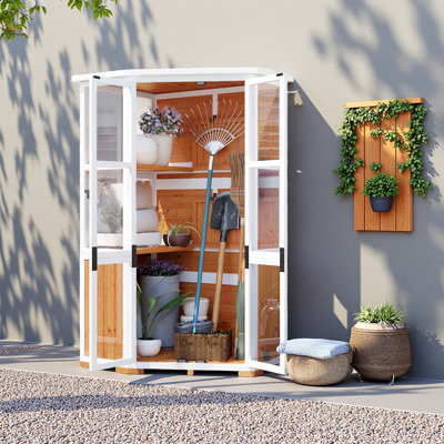 Remise de rangement pour outils de jardin en bois de 63 po de hauteur, mini-serre froide avec toit imperméable et porte verrouillable pour la cour, le patio et la pelouse