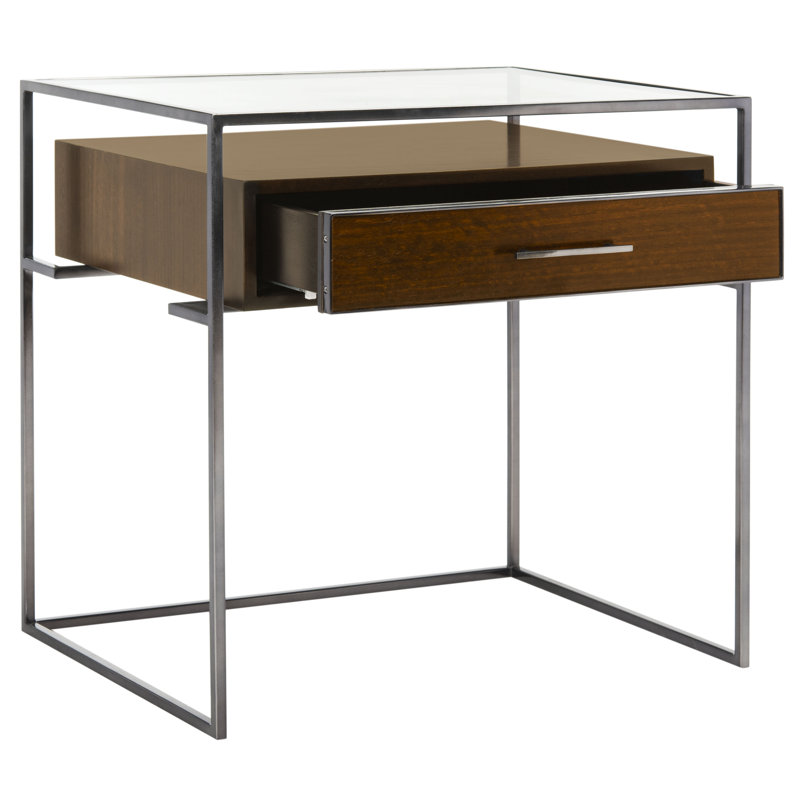 Glass End Table with Storage, Dark Brown/Black Nickel