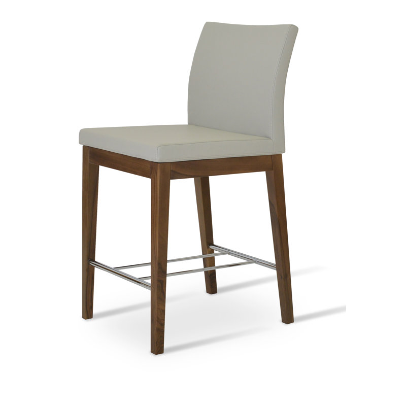 Aria Solid Wood 24" Counter Stool, Walnut, Light Gray Leatherette