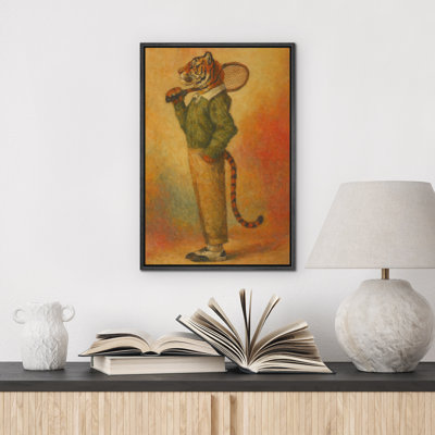 Anthropomorphic Tiger with Tennis Racket Framed Canvas - Whimsical Dressed Animal Portrait for Office or Playroom - Vintage Surreal Decor