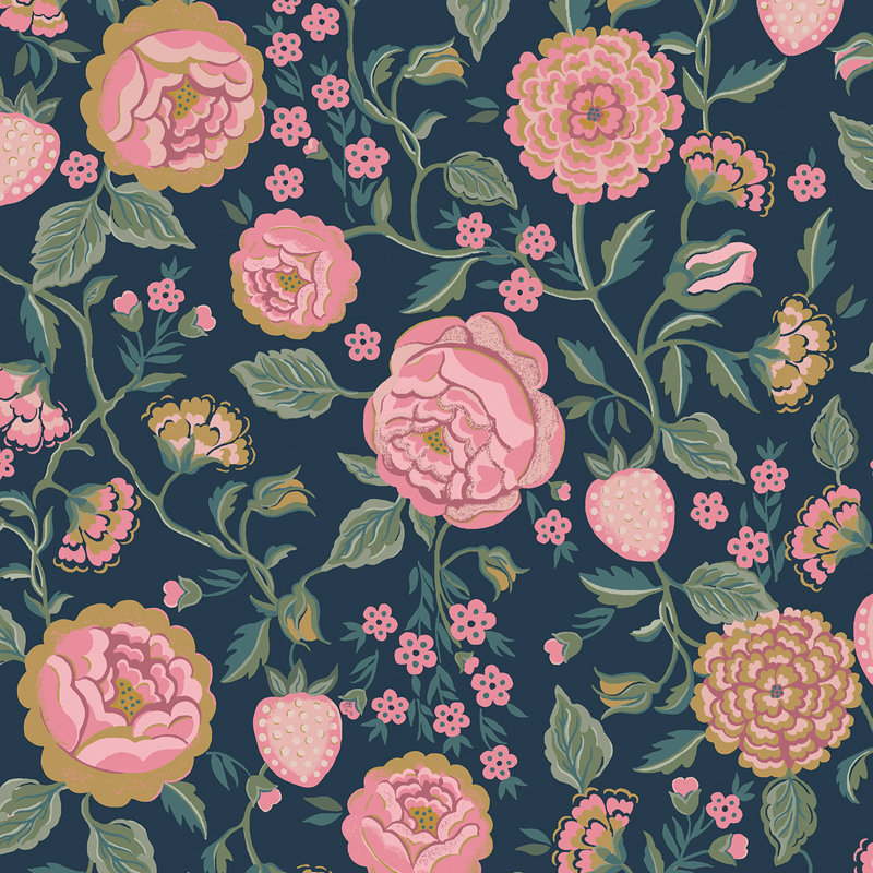 Cath Kidston Strawberry Garden Floral Wallpaper, Navy 