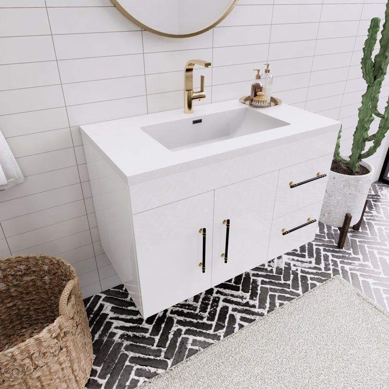 Ensemble de meuble-lavabo simple mural 36 po Spring, Blanc brillant
