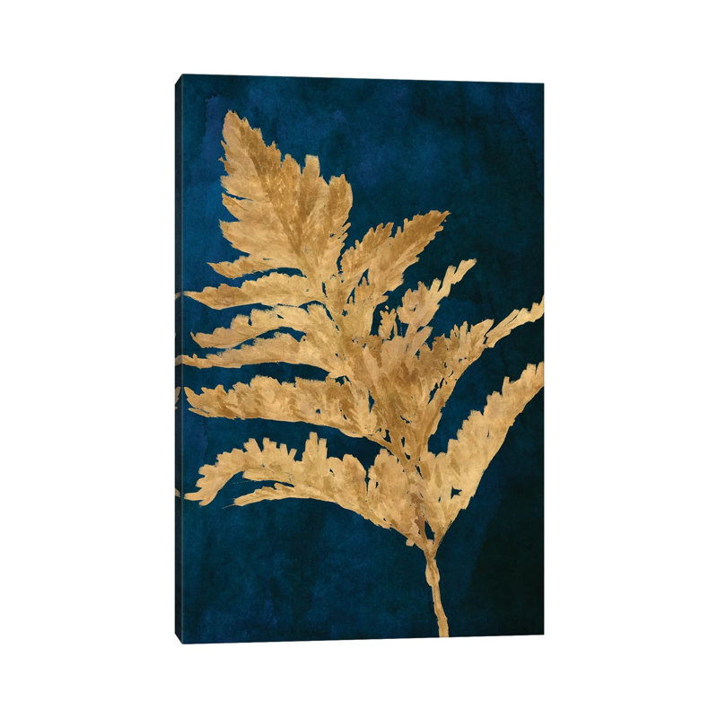 «Gold Leaves on Navy I» par Lanie Loreth, reproduction d'art sur toile tendue, H 18 po x l 12 po x 1,5 po
