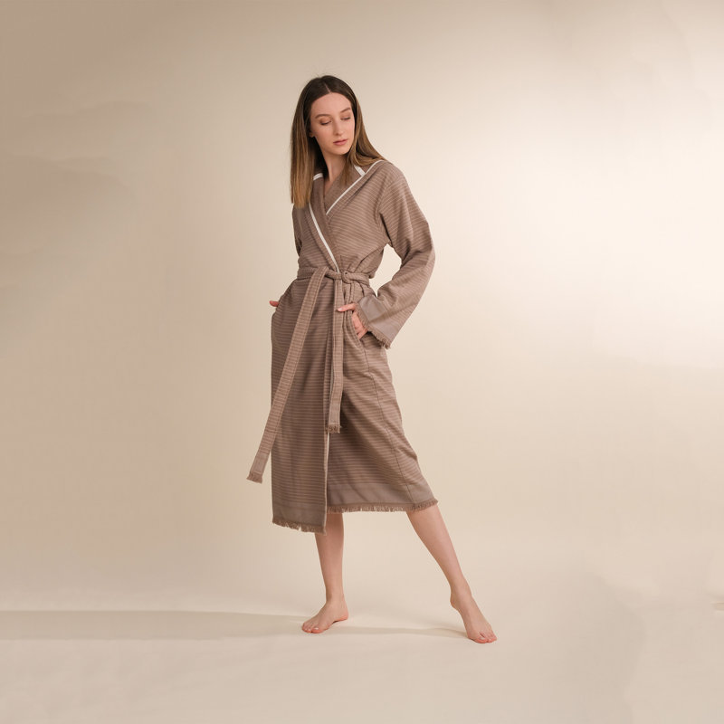 Peignoir 100% coton mi-mollet avec poches et capuche, P / M, Beige