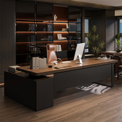 Bureau en bois massif en forme de L noir avec tiroirs